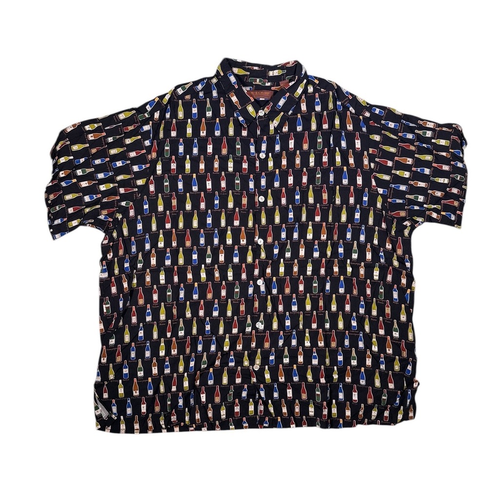 Tori Richard Hawaiian Aloha Shirt Mens 2XB Wine Bottle Print‎ Viscose Black